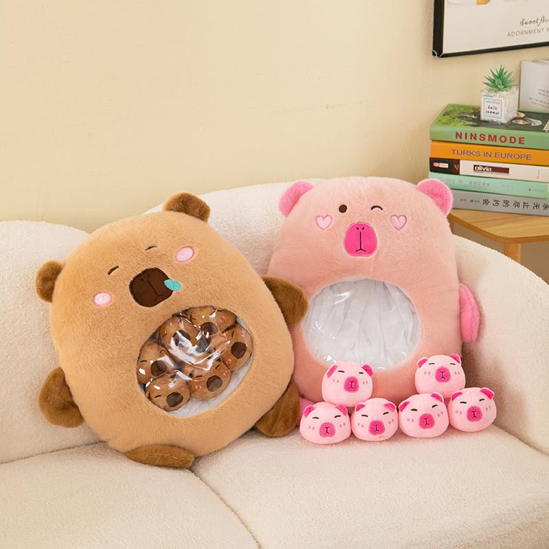 Cute Capybara Stuffed Toy Pillow Bag With Six Mini Plushies Stress-relief Dolls