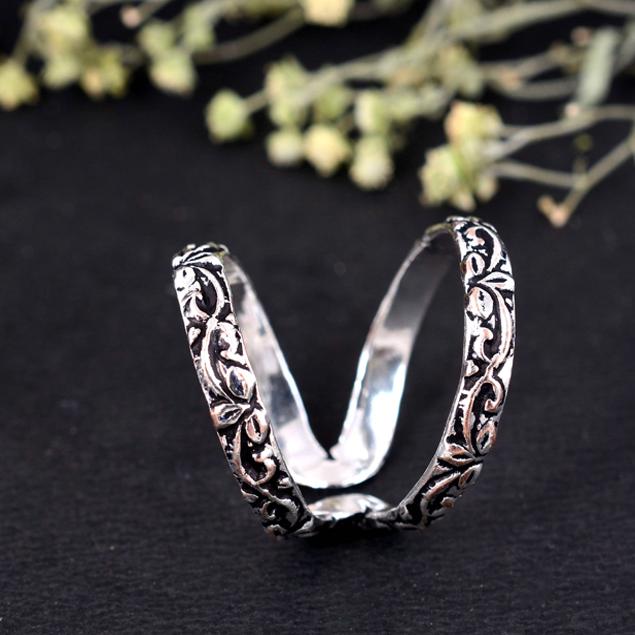 Oxidized Sterling Silver Double Band Ring | Adjustable Floral Scrollwork Wrap Ring | Unique Two-Finger Boho Statement Jewelry