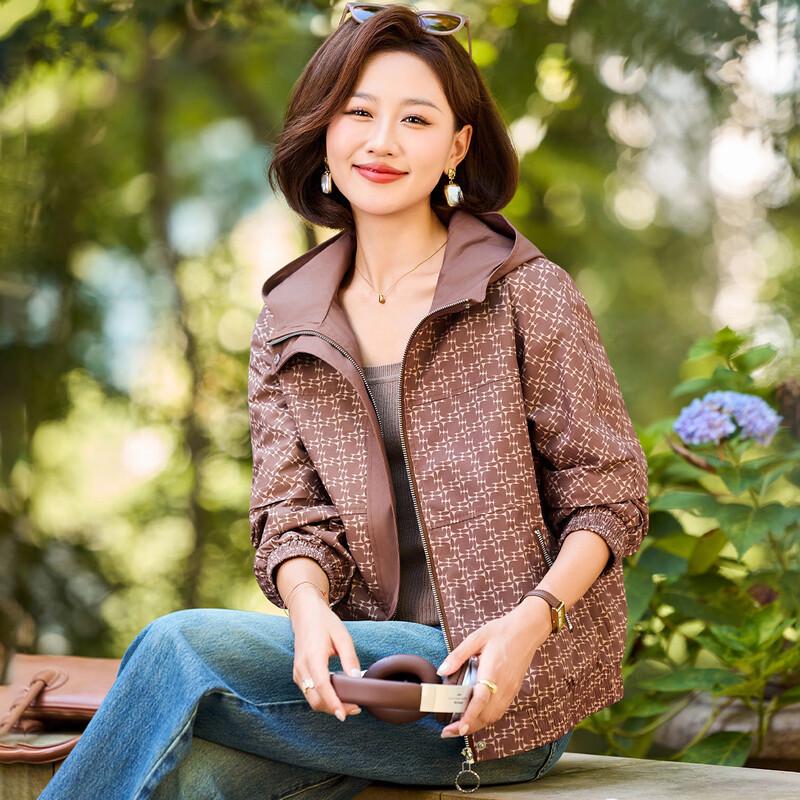 Mid-Age Women's Hooded Plaid Windbreaker