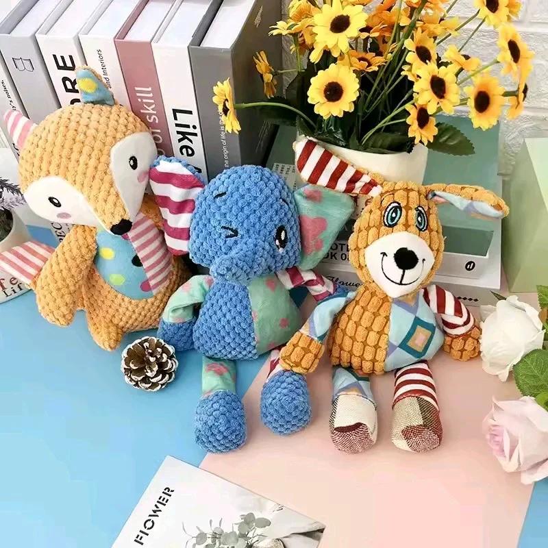 Patchwork Pet Plush Squeaky Toy Bite-Resistant Dog Chew Toy Interactive Elephant Fox Rabbit Doll