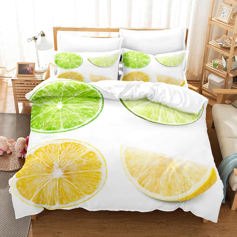 Meyveli Nevresim Takımı 3D Baskı Taze Limon Portakal Çilek Kiraz King Queen Çocuk Erkek Kız Gençler için Polyester Yatak Takımı