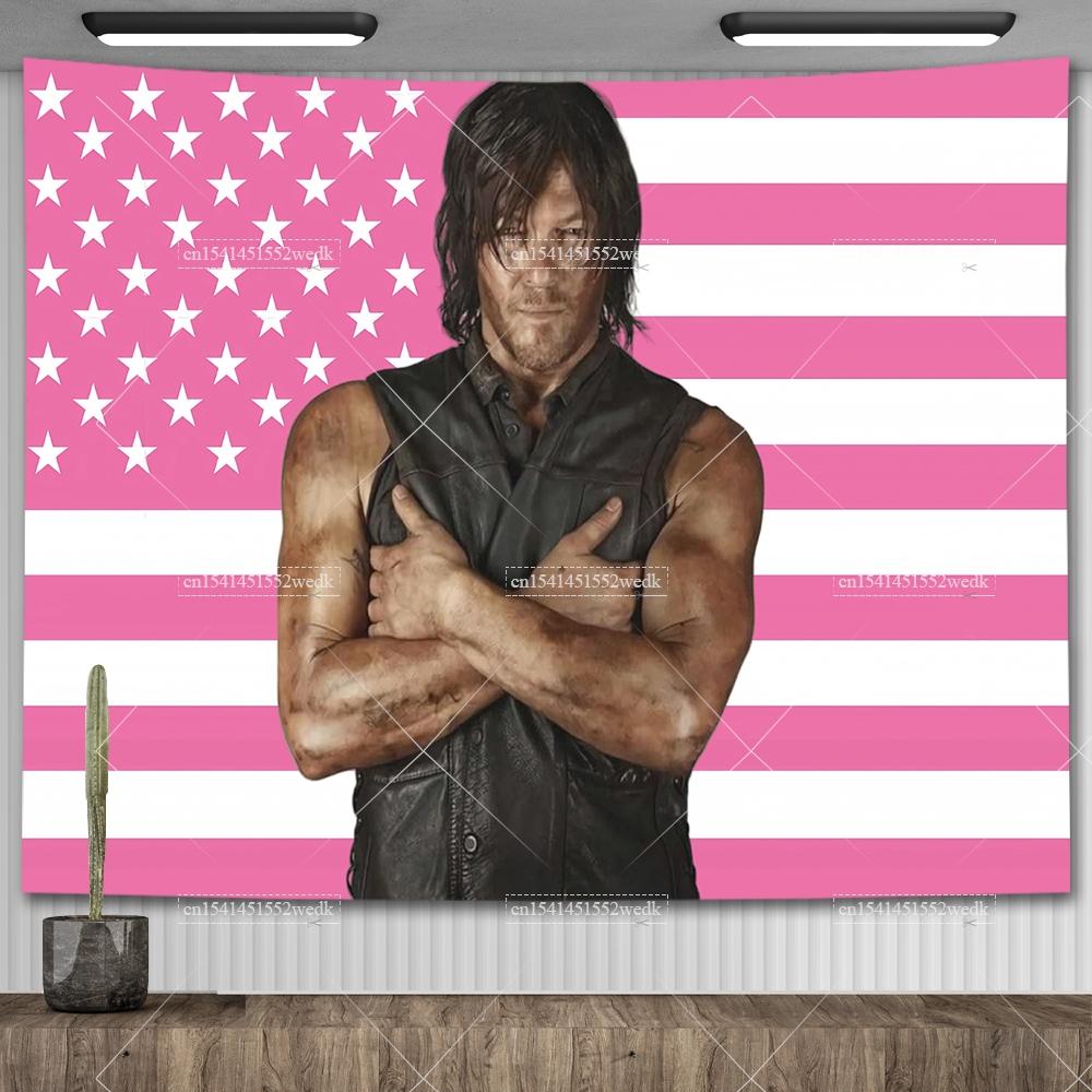 Norman Reedus Pink American Flag Tapestry Aesthetics RReedus Tapestry Wall Hanging College Dorm Room Decor Flags Banners