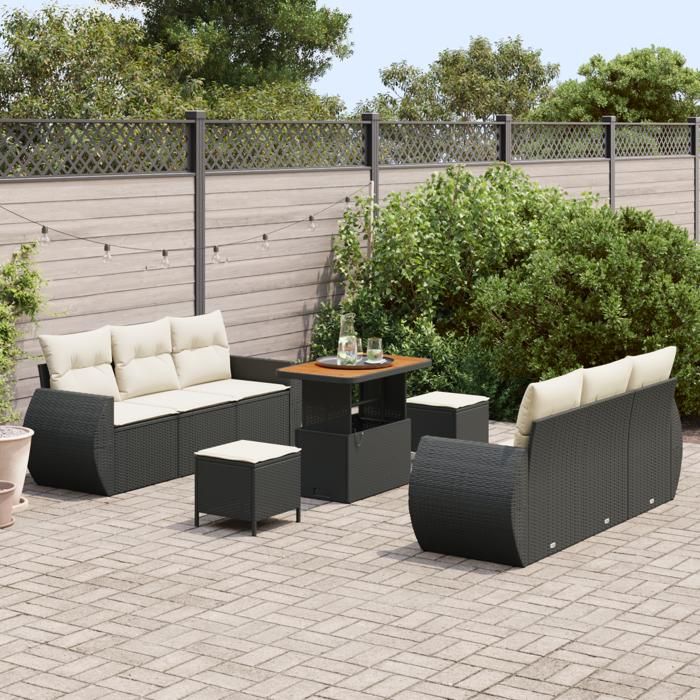 Ensemble de canapé de jardin 9 pièces avec coussins en poly rattan noir et acacia, Ensemble de salle à manger de jardin 3 3363780