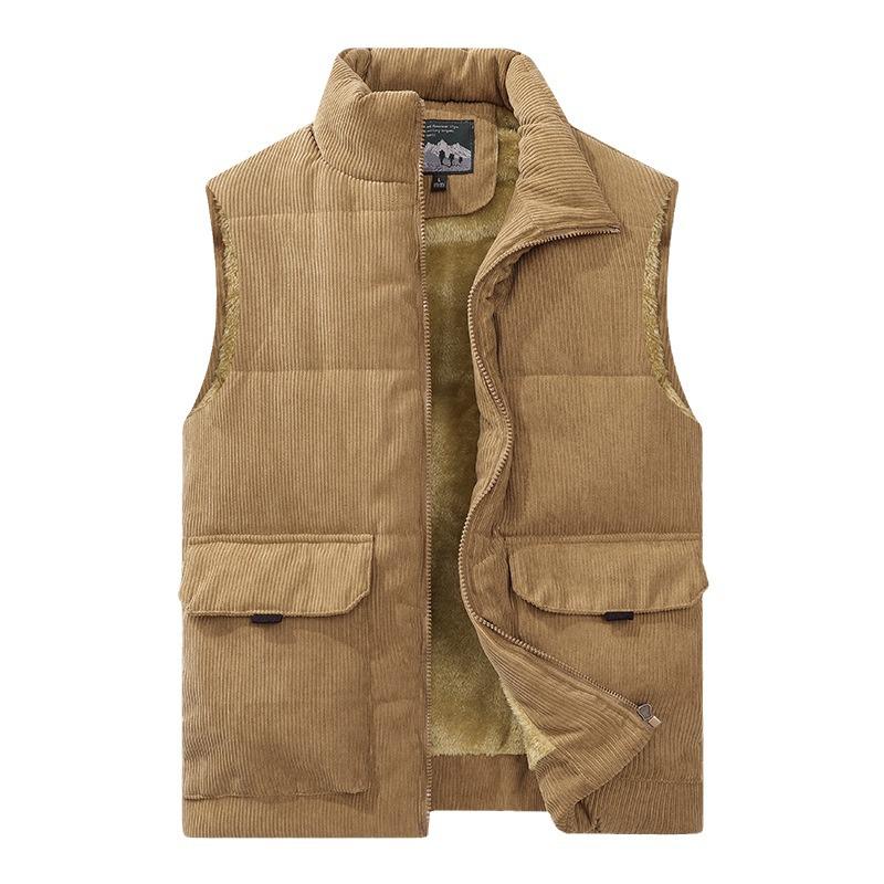 Men's Corduroy Fleece-Lined Multi-Pocket Cotton Vest - Casual, Sleeveless, Outdoor, Cold-Proof.