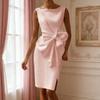 Women Sleeveless Bodycon Dress Ruched Bow Tie Side Slit Midi Dress Lady Formal Cocktail Party Work Dress