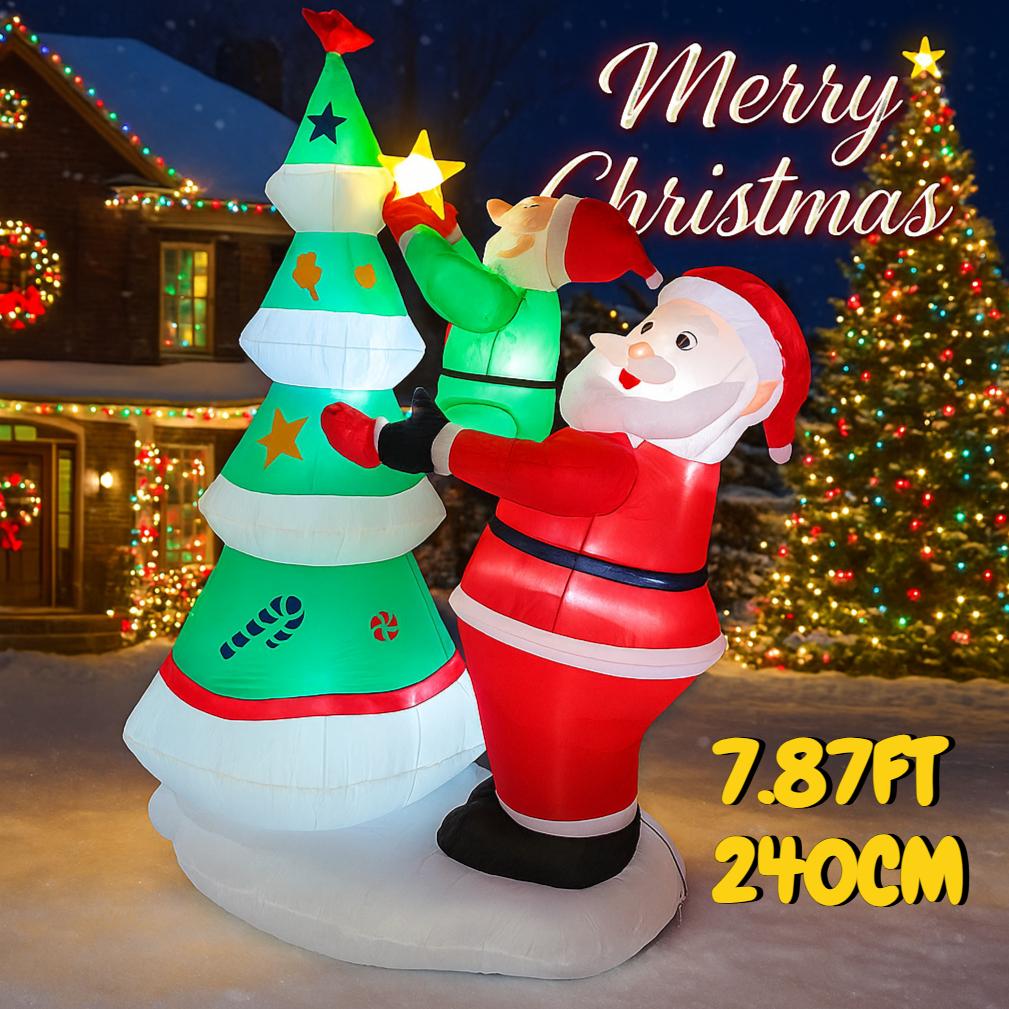 7.87FT Inflatable Santa Claus Elf Tree Toy Xmas Yard Lawn Party Decoration Festive Gift LED Lit Christmas Supplies Home Ornament
