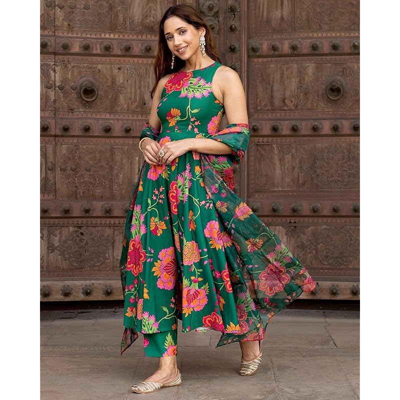 GoSriKi Women s Cotton Blend Printed Anarkali Kurta with Pant & Dupatta (Tanujashri Green-GS_S_Green_Small) S зелёный