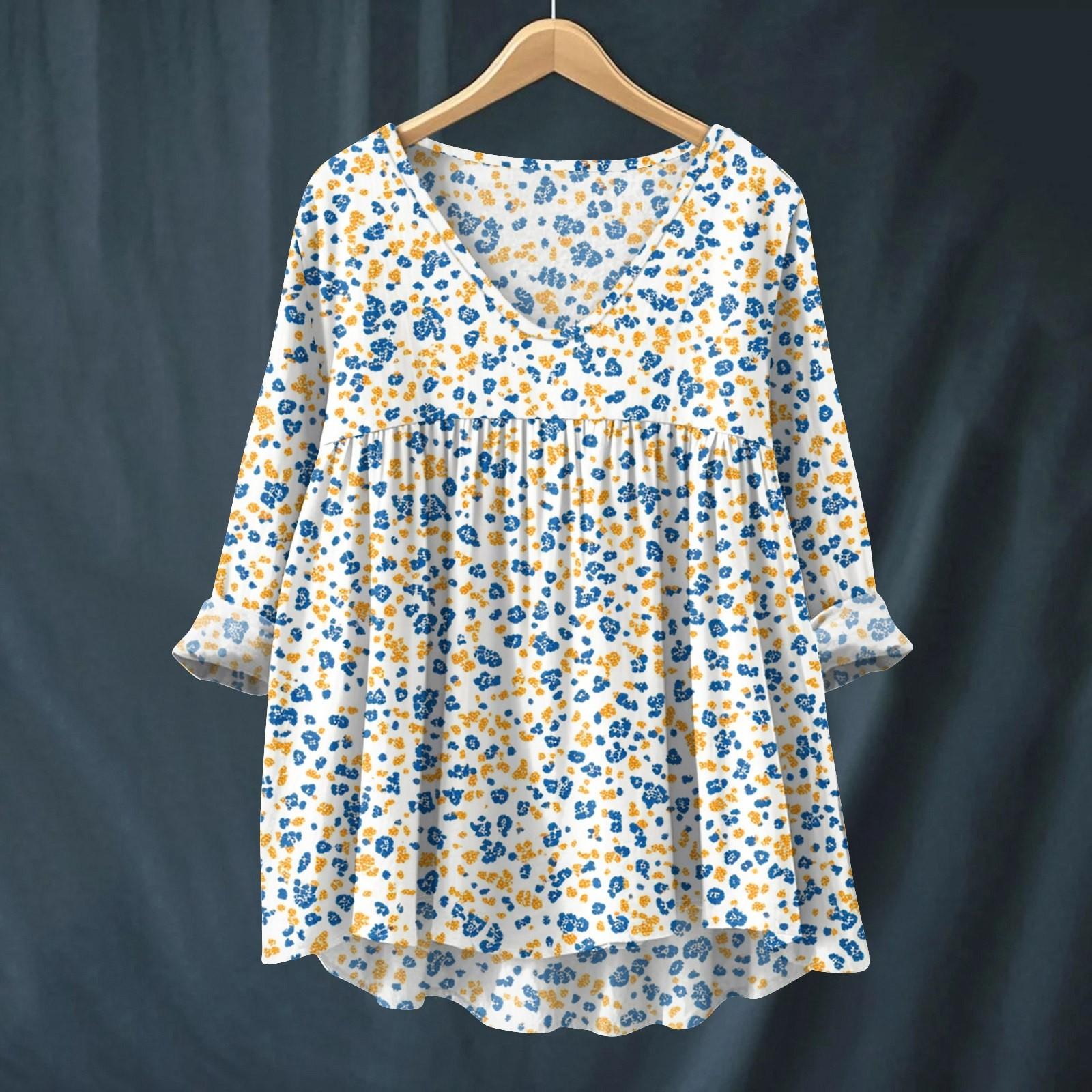 

Women s Fashionable And Casual Shirt Long-sleeved V-neck Print Cotton And Linen Blouse L синій