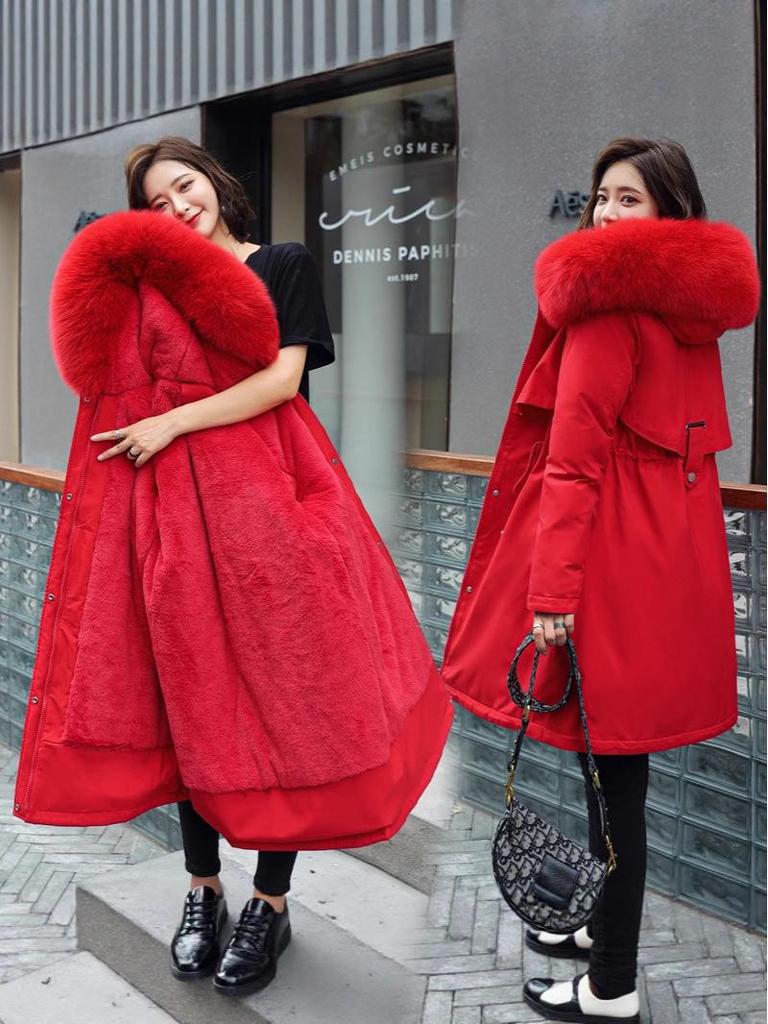 Winter 2025 Women's Slimming Parka: Fashionable Versatile Plus Velvet One-Piece Coat with Thick Faux Fur