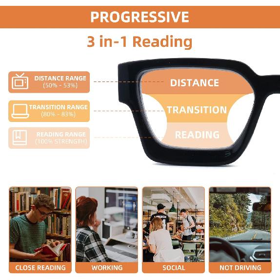 3 Pack Progressive Multifocal Reading Glasses for Women Retro Square Multifocus Readers Blue Light Computer Glasses