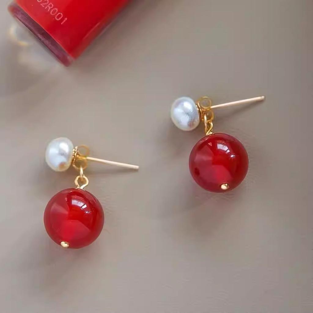 Natural freshwater pearl agate stud earrings women's new Chinese light luxury high-end niche design simple pendant earrings