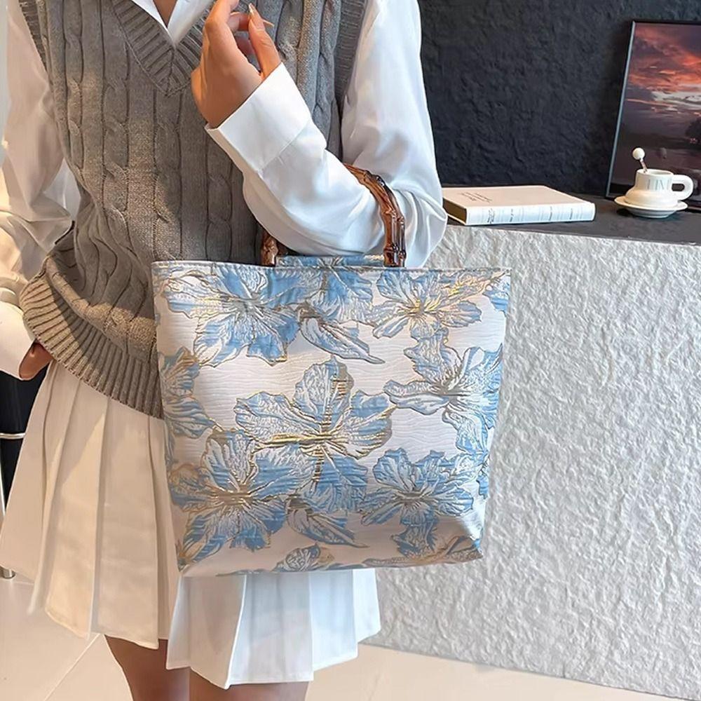Bamboo Handle Hanfu Tote Bag Vintage Floral Large Capacity Bamboo Jacquard Bag Retro Style National Style Qipao Tote Bag