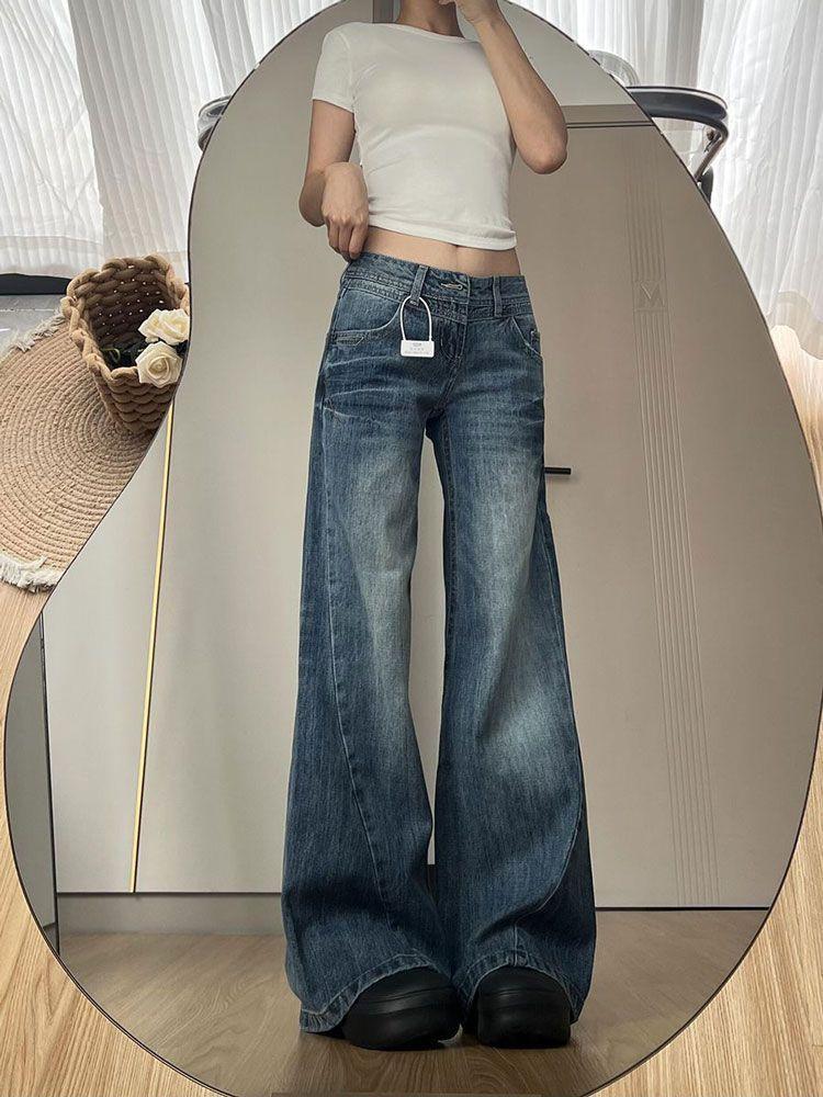 Comfortable Large Size Micro Flare Jeans Female Autumn Retro High Waist Washed Loose Horseshoe Straight Long Trousers Jeans for Women Long Denim Pants