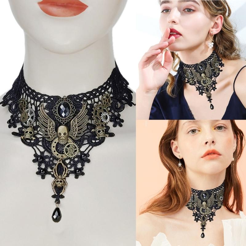 Gothic Lace Floral Choker for Women Choker Handmade Collar with Skull Gears Wing for Bachelorette Party Wedding