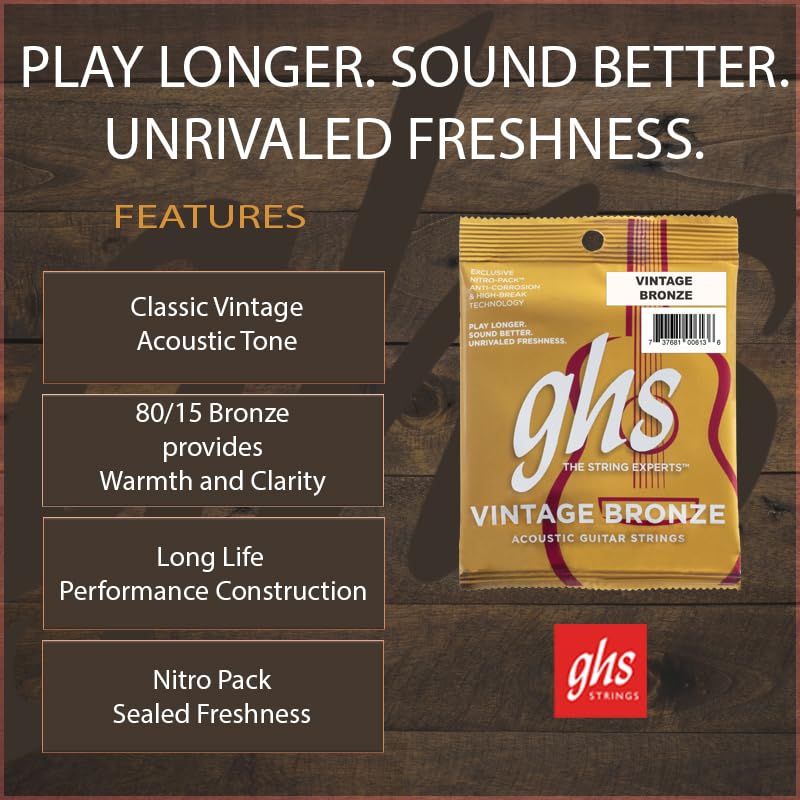 ghs VINTAGE BRONZE Acoustic Guitar Strings, Light, 12-54, VN-L