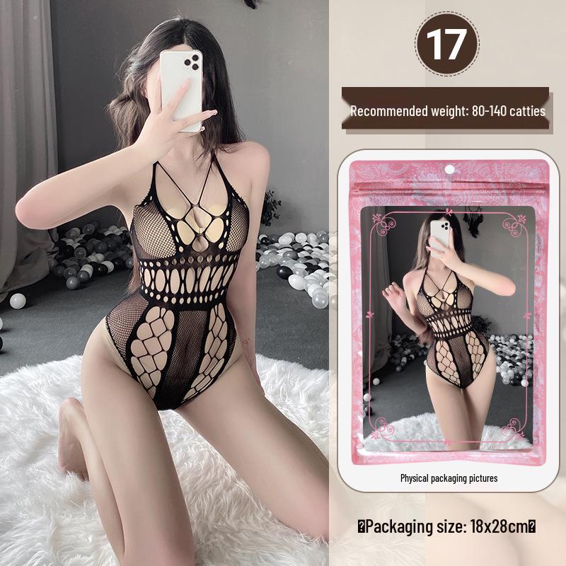 Linlinting Plus Size Sexy See-through Cutout Bodysuit with Open Crotch Stockings Set