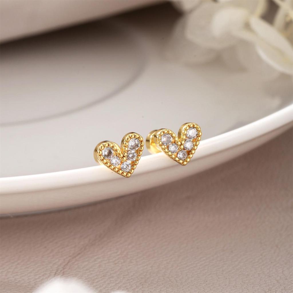 Heart Stud Earrings for Women - Micro-inlaid Cubic Zirconia, Fashionable Everyday Screw-back Design for Small Piercings