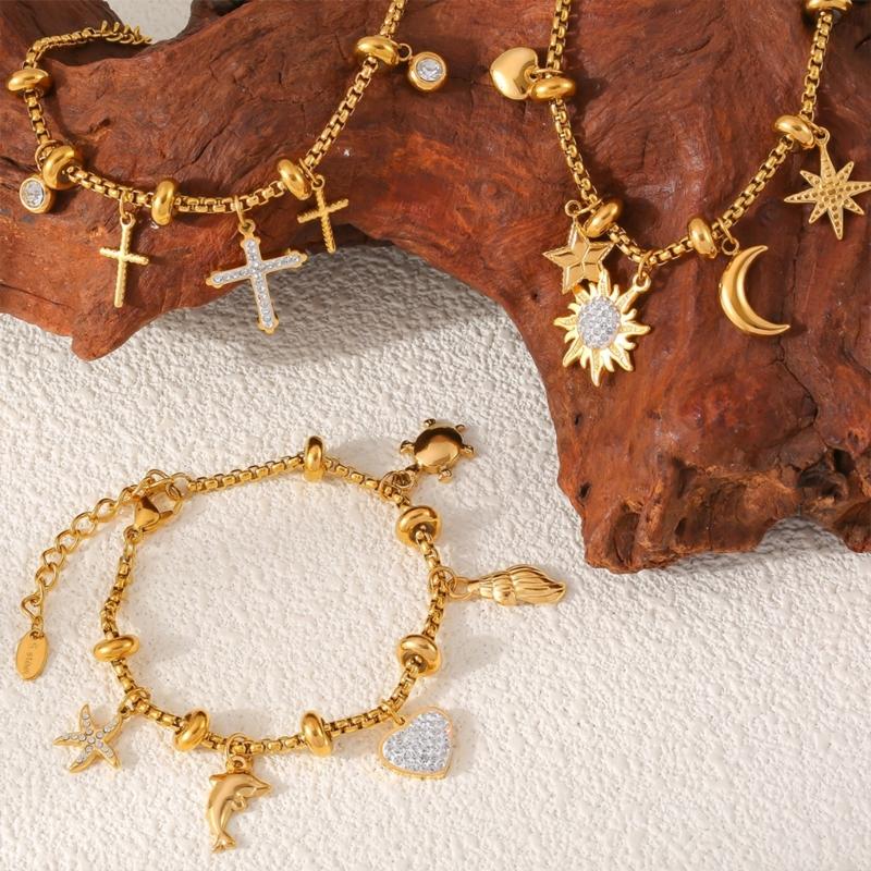 Elegant Sun And Moon Charm Bracelet With Crystal Accent Titanium Steel Lightweight Daily Wear Jewelry