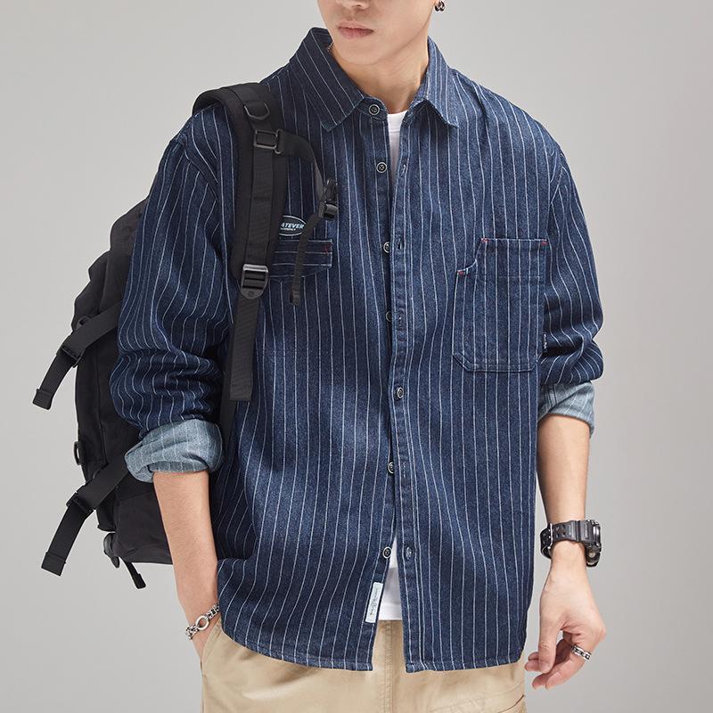 

Мужская джинсовая рубашка Muqiu в японском стиле в полоску - повседневная рубашка свободного кроя с длинным рукавом в стиле ретро 4XL (90-100 kg) синий