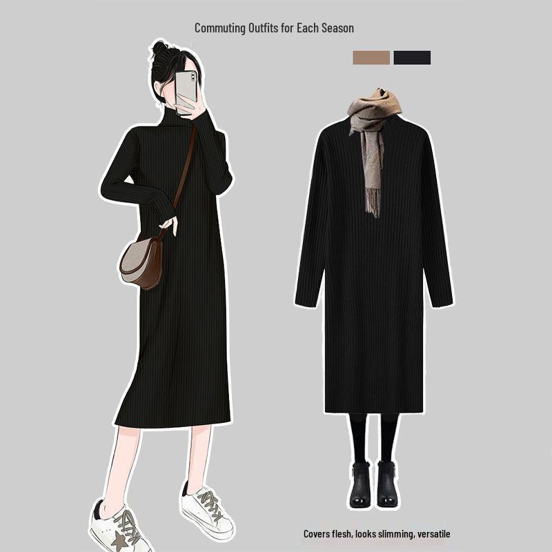 Women's Autumn & Winter Wool Knit Dress - Half-High Collar, Loose Long Sleeve, Mid-Length Base Layer Over the Knee.