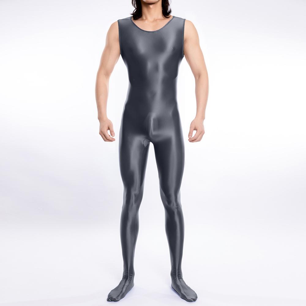 Sexy Men Candy Color Oil Glossy Shiny Shapping Bodysuit Smooth Sheer See Through Tights Elastic Fitness Leotard Sleeveless