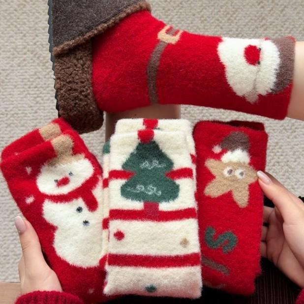 Women's Mid-Calf Christmas Stockings - Plush, Warm, Red Australian Wool, Cute Cartoon, Thick, Non-Shedding, Over-the-Knee Sleep Socks