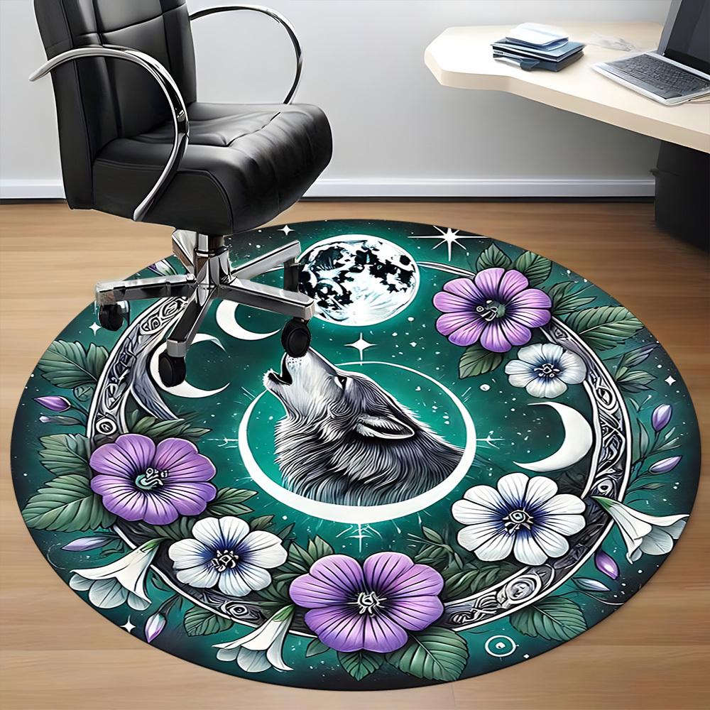 1pc Wolf Moon Flowers Chair Carpet for Office, Non slip, Soft and Durable Office Rug