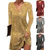 Rochie Femei Decolteu V Mânecă Lungă Paiete Strălucitoare Largă A-Linie Culoare Solidă Moale Respirabilă Pulover Elastic Lungime deasupra genunchiului Petrecere Club Rochie Mini