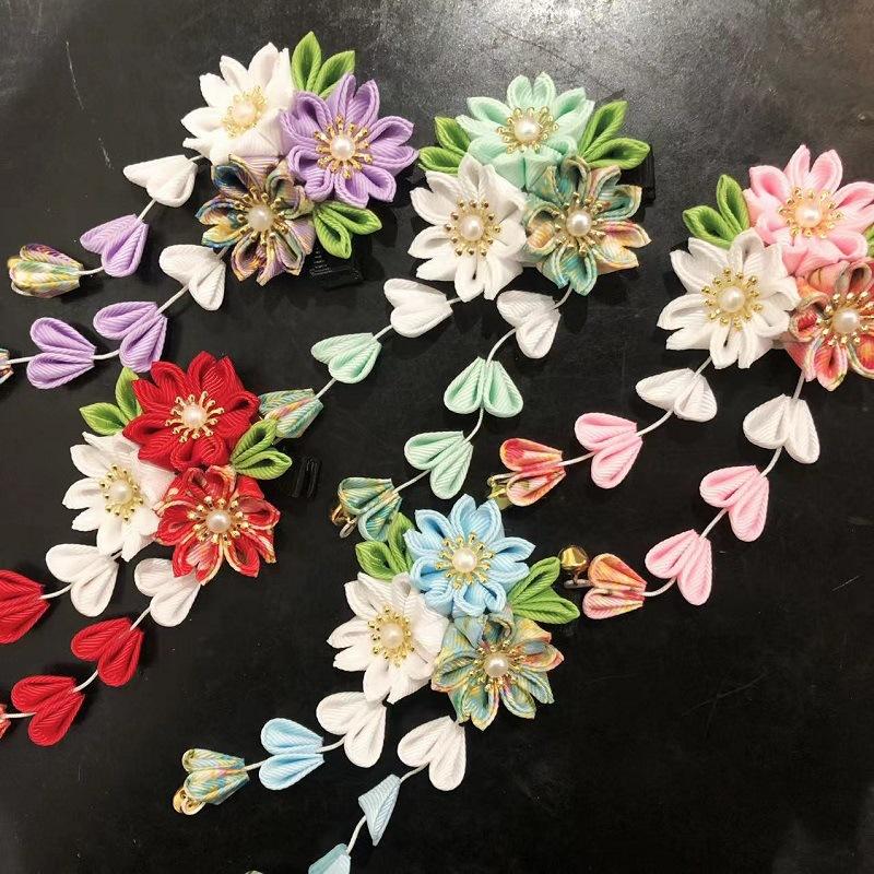 Handmade Flower Hair Clip Ancient Style Cloth Material Japanese Kimono Headwear Flower Design Sweet Tassel