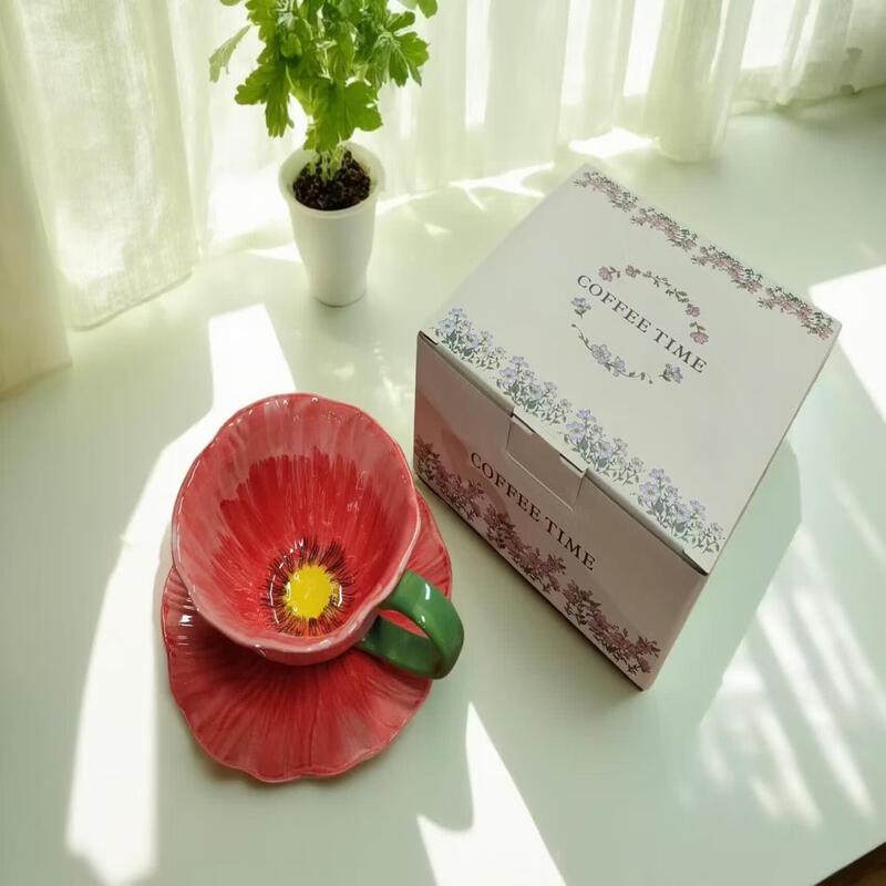 Qiwei Poppy Petal Ceramic Coffee Cup and Saucer Set
