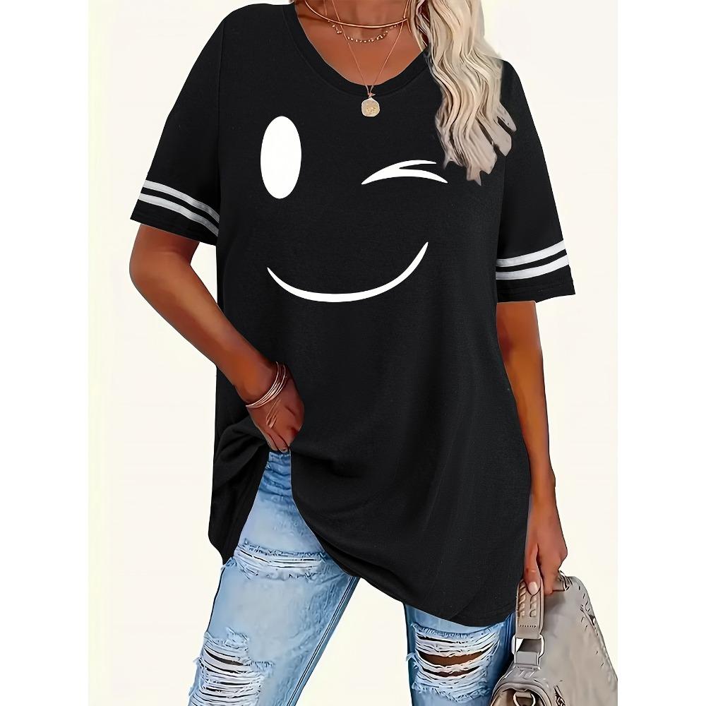 Women's Printed Round Neck Short Sleeved Striped T-shirt