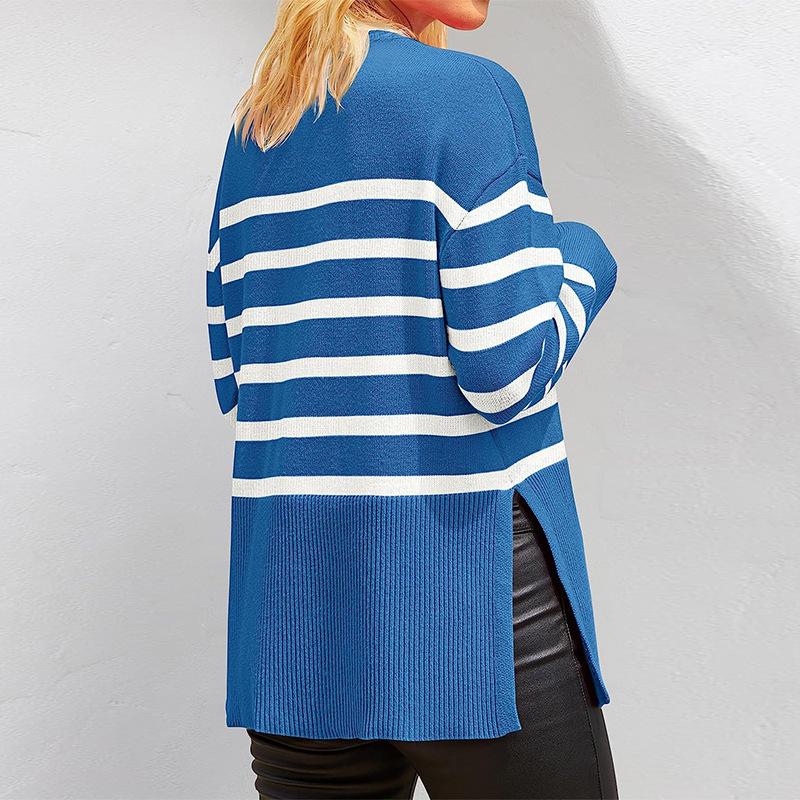 Dámské podzimní zima ležérní oversized svetr s dlouhým rukávem pruhovaný svetr s výstřihem ke krku žebrovaný úplet s bočním rozparkem svetr