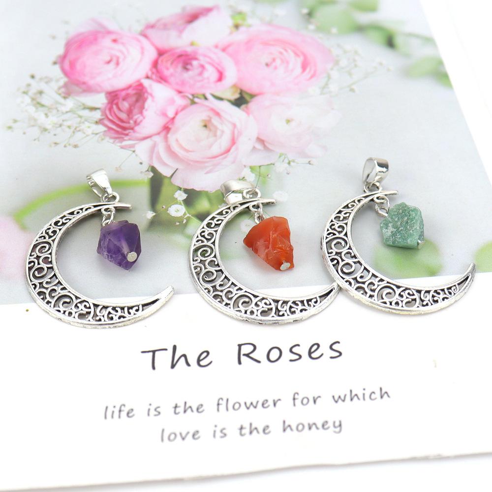 Hollow Moon Natural Rough Stone Crystal Pendant Necklace Amethyst Pendant Couple Necklace N597