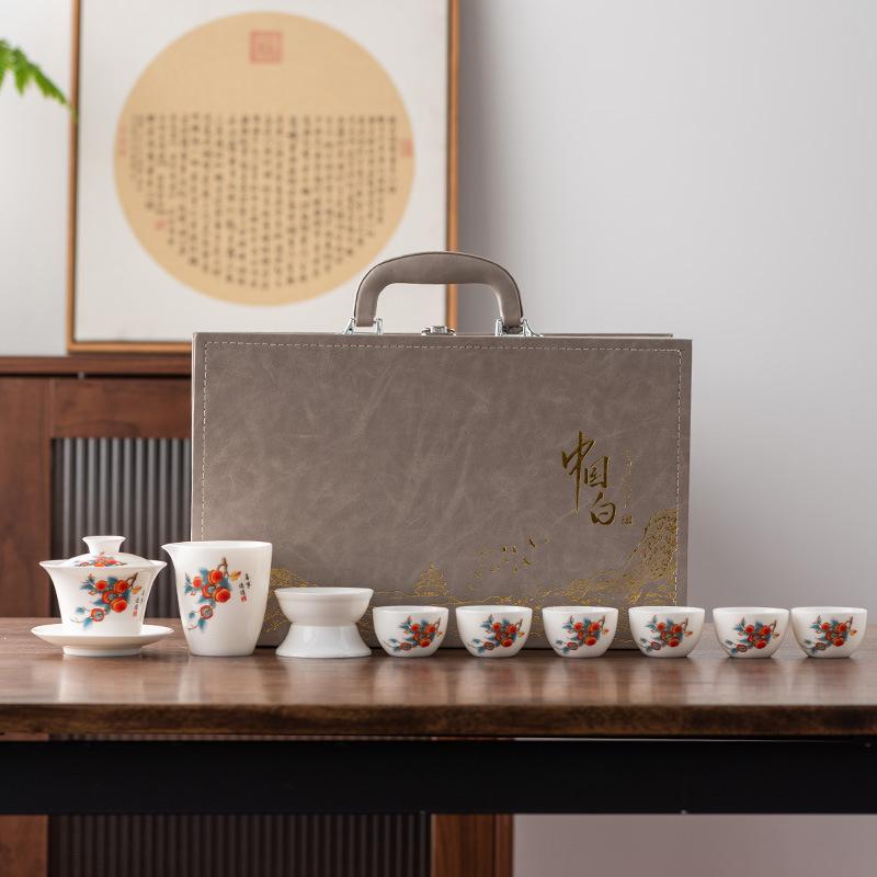 Suet jade white porcelain kung fu tea set thousand miles Jiangshan cover bowl ceramic set gift box home business souvenir gift