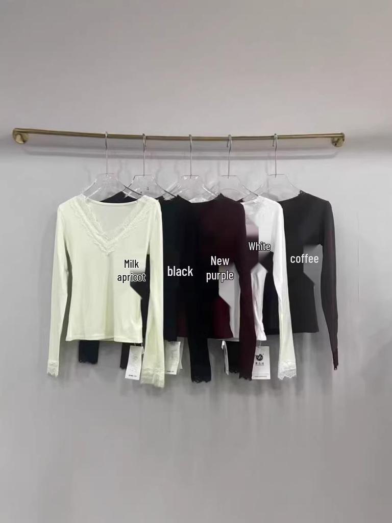 Women's Lace Trim V-Neck T-Shirt, Slim Fit, Long Sleeve, Ruffle Detail, Ideal for Spring and Autumn, Perfect As an Inner Layer.