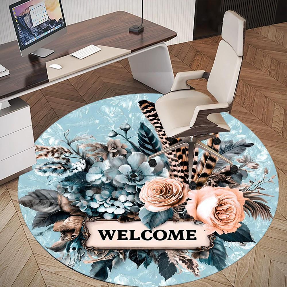 1PC Floral Welcome Office Round Area Rug, Under Office Chairs Bedroom Living Room Home Decor, Carpet for Office -1110107