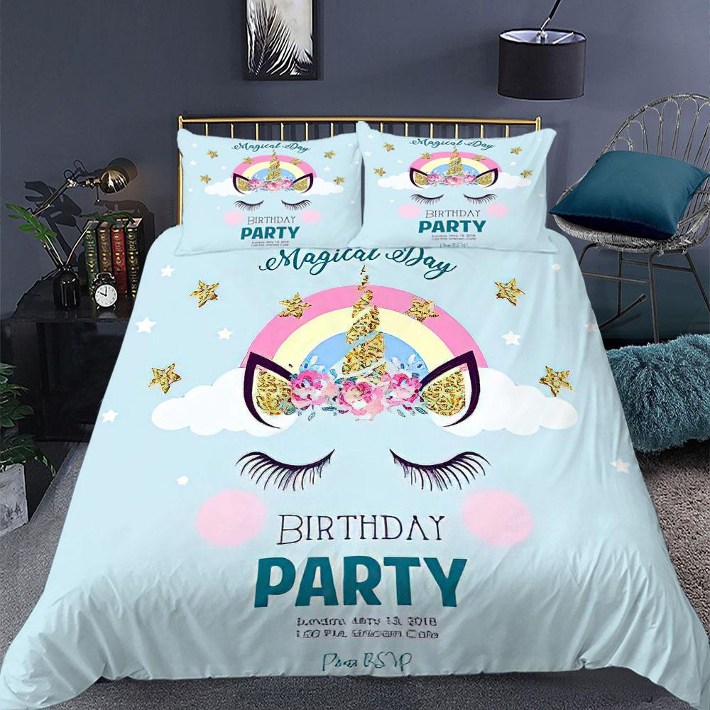 Enhörning Påslakanset King Queen Size Tecknad Färgglad Enhörning Söt Blomma Stjärna för Tonåringar Pojkar Flicka Barn Polyester Sängklädesset
