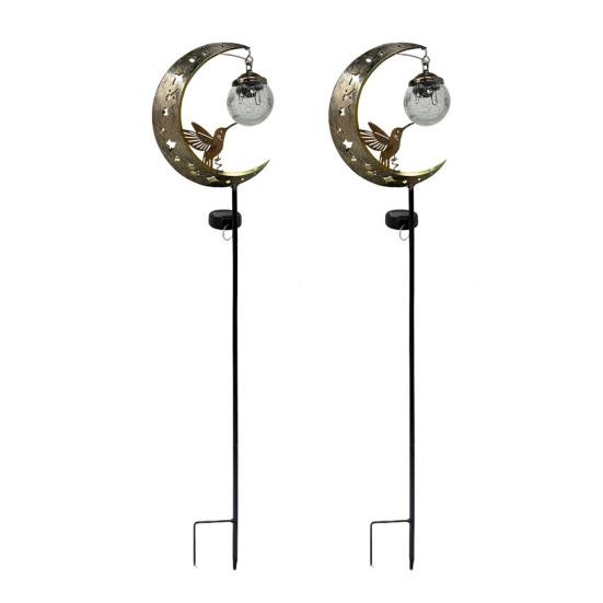 Hummingbird Moon Solar Light, Metal Crescent with Crackle Glass Ball Garden Stake, Solar Pathway Light for Yard Patio Lawn Outdoor Decor