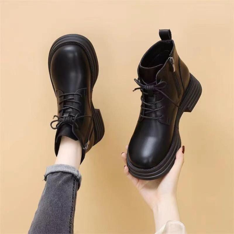 New Soft Leather Medium Tube Martin Boots Women's Autumn and Winter Velvet Platform Casual Short Boots Single Boots Women