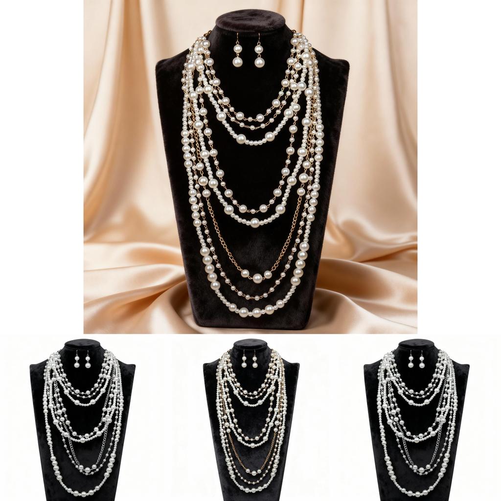 European Style Multilayer Pearl Necklace And Earring Set With Geometric Pendant For Women