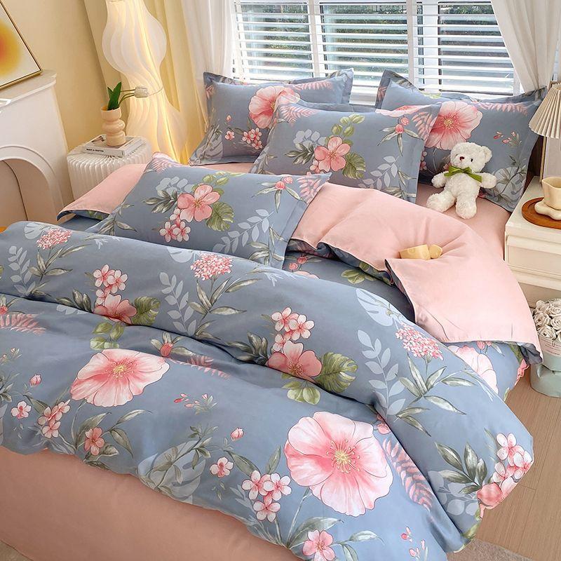 Vierteiliges Bettwäsche-Set, Bettwäsche, Gewaschene Baumwolle Sandgestrahlt Verdickter Bettbezug, Stepplaken, Studentenwohnheim Einzelbettbezug Dreiteiliges Set