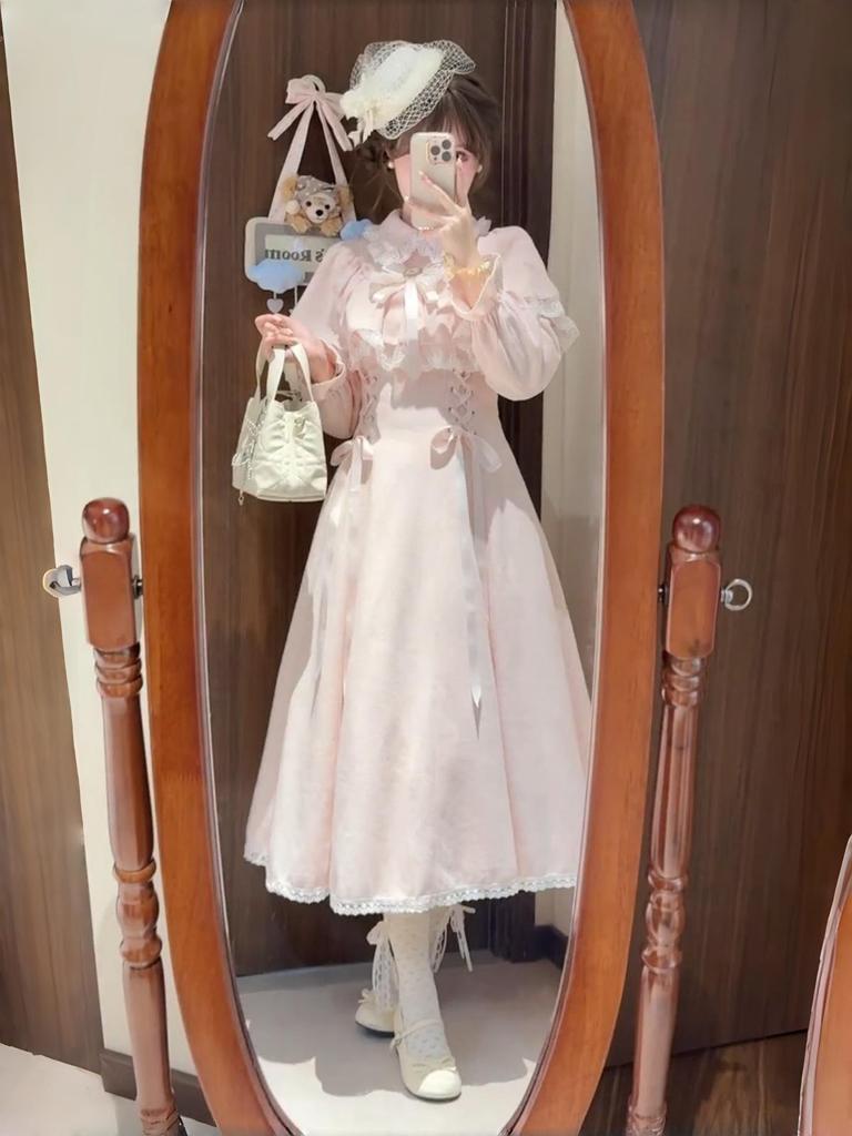 Sweet Pink Lolita Lace Patchwork Skirt with Bowknot & Clear Style Cloak