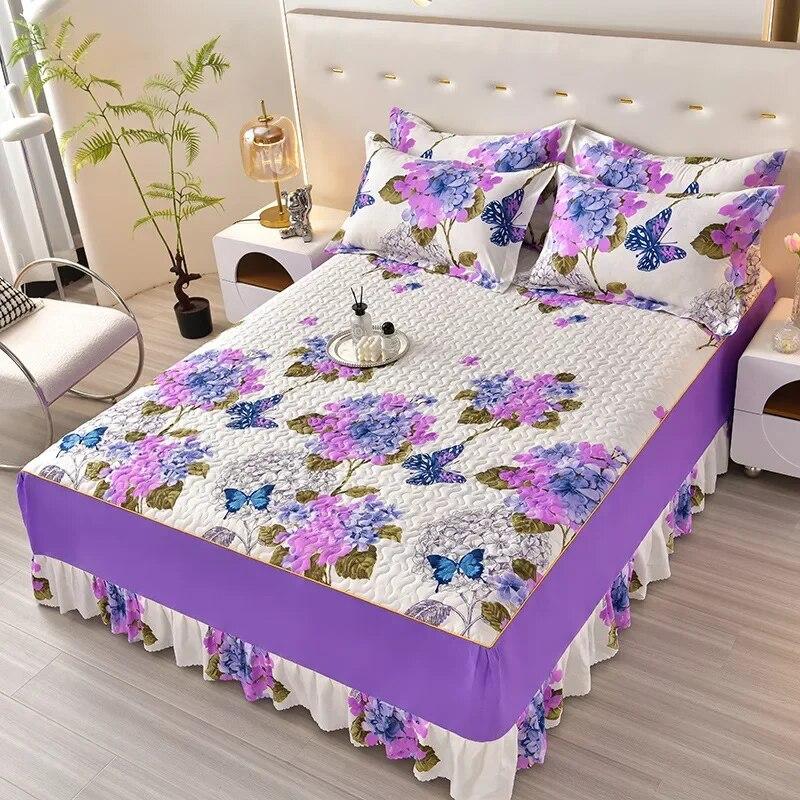 

Роскошное утолщенное хлопковое три предмета кружевной юбки-кровати Покрывало на кровать Four Seasons Универсальная простыня размера «queen-size» 3 Pcs 200x220cm