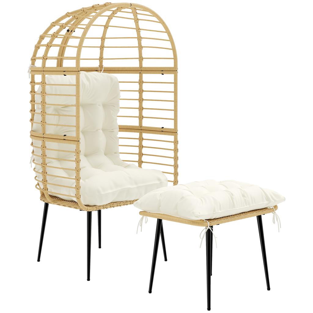Garden Chair With Ottoman PE Rattan Egg Shape Basket Chair With Long And Thick Cushions Metal Frame Beige