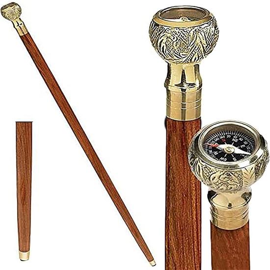 91.44 Cm Brass Compass On Top Head Handle Brown Wooden Walking Stick Cane
