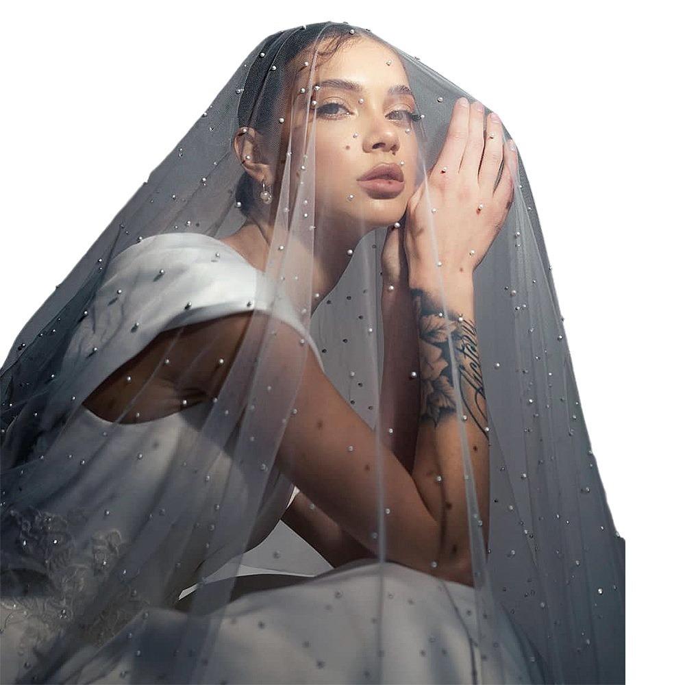 All Over Scattered Pearl Sheer Tulle Bridal Veil, Single Layer Plain Ivory Wedding Veil For Lace Satin Gown Pre-Wedding Elopement Portrait Shoot
