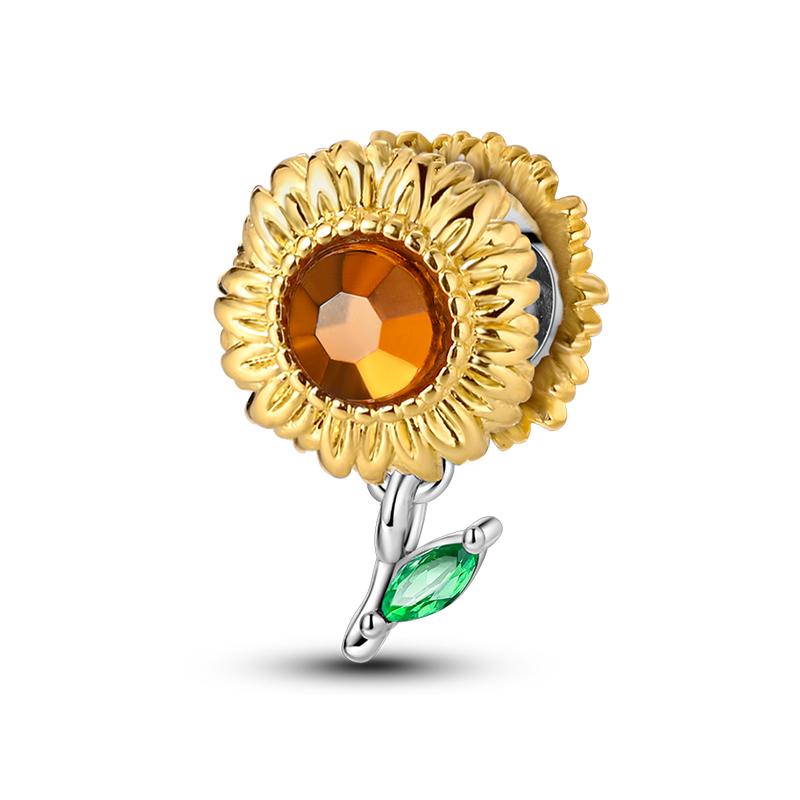 Copper Flower With Various Shapes Sparkling Zircon Sunflower Charms Beads Fit Pan Original Bracelets Diy Jewelry