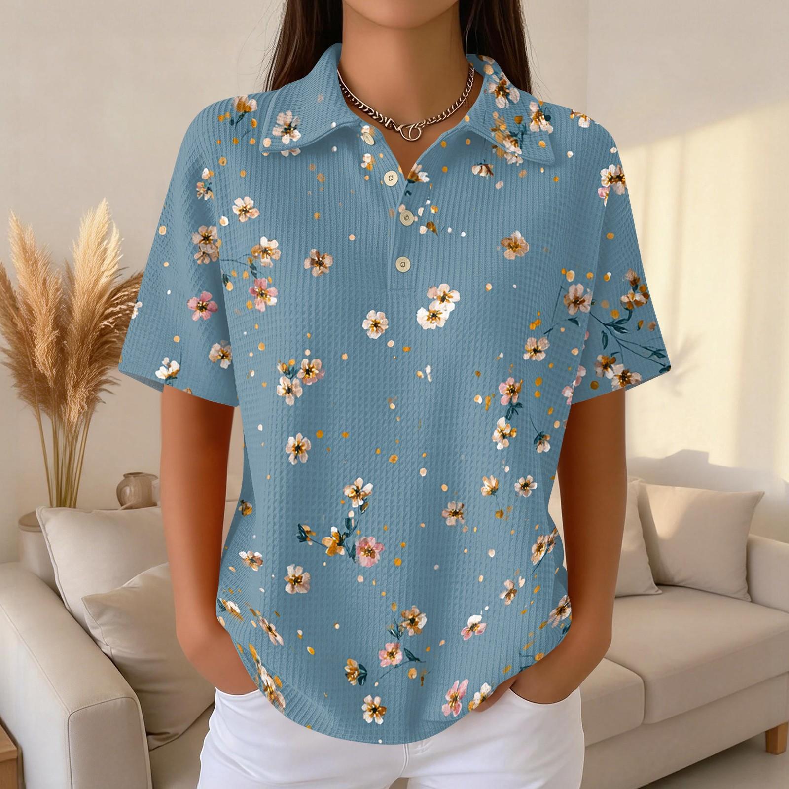 Women Short Sleeve Floral Print Knit Collared Top Button Down Casual Loose Fit Blouse for Daily Wear Office Travel XXL
