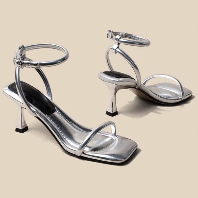 Fashion Black Ankle-Strap Buckle Sandal Summer Square Toe Ladies Stiletto High Heel Shoes Sexy Solid Thin Band Sandalias De Mujer Verano