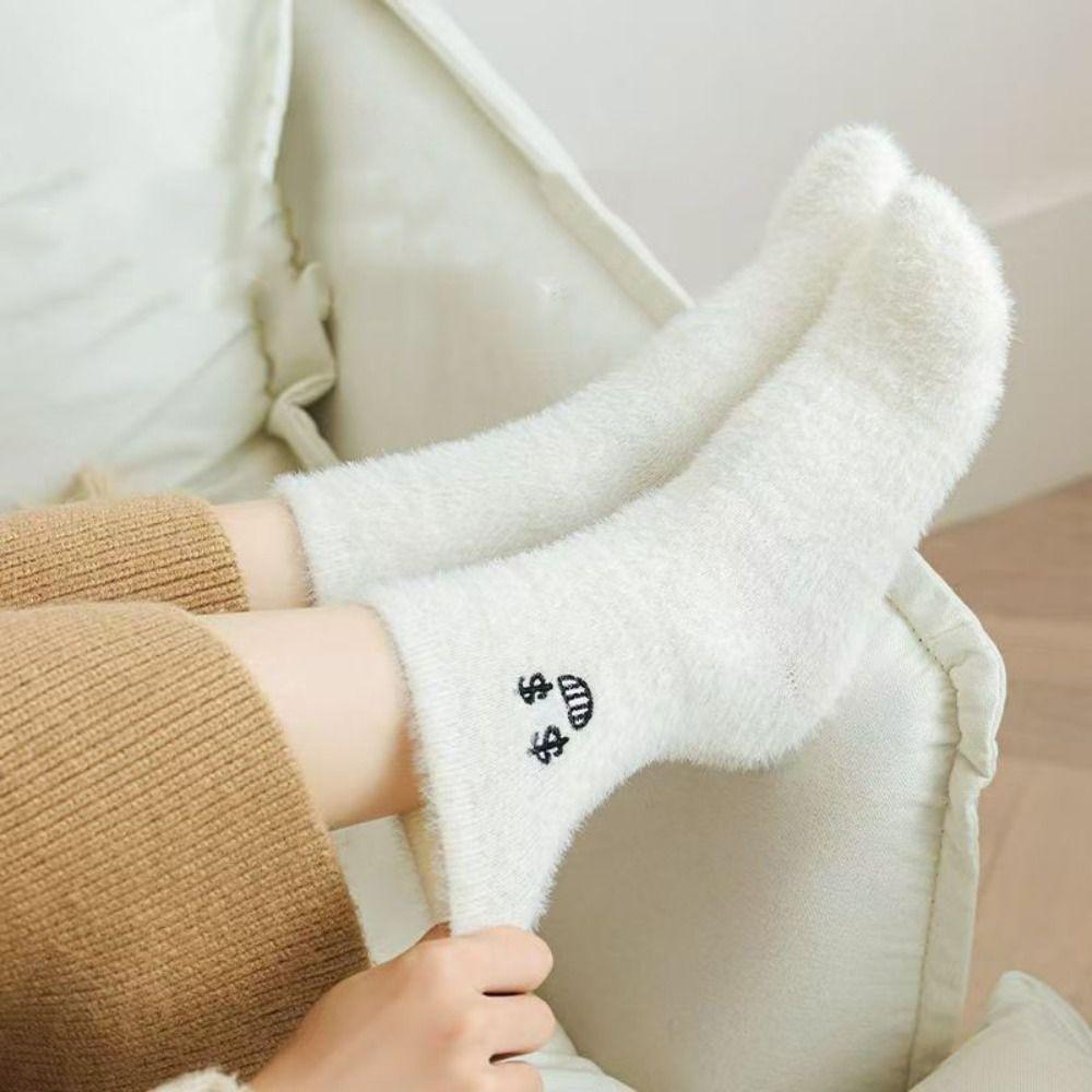 5Pairs Soft Plush Socks Embroidered Sleeping Socks Women Ins Mink Fur Socks Women